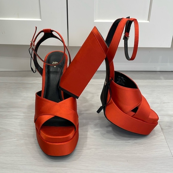 Zara Orange Satin Chunky Platform Heels - Picture 1 of 16